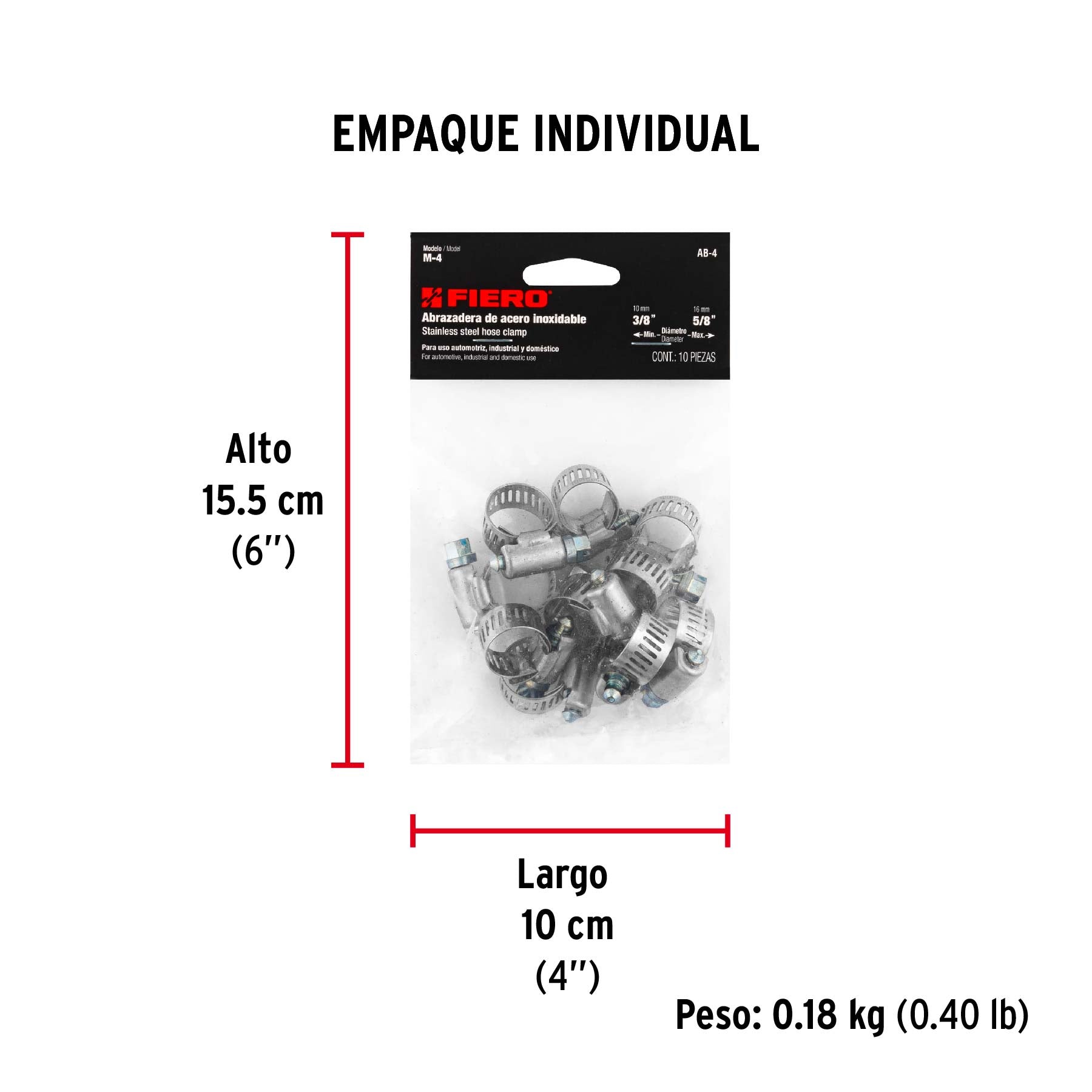 Abrazadera reforzada, # 4, 3/8 - 5/8", bolsa 10 pzas