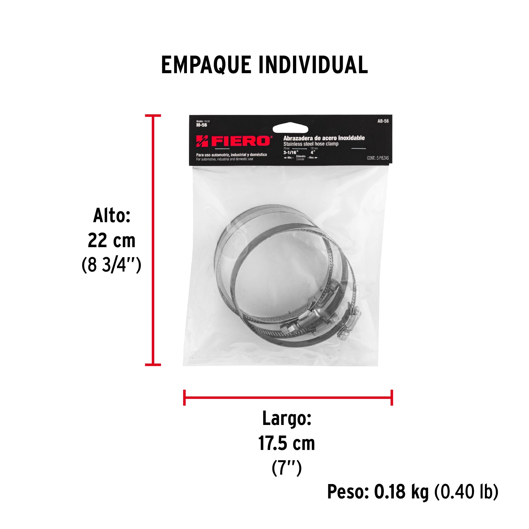 Abrazadera reforzada, # 56, 3-1/16 - 4", bolsa 5 piezas