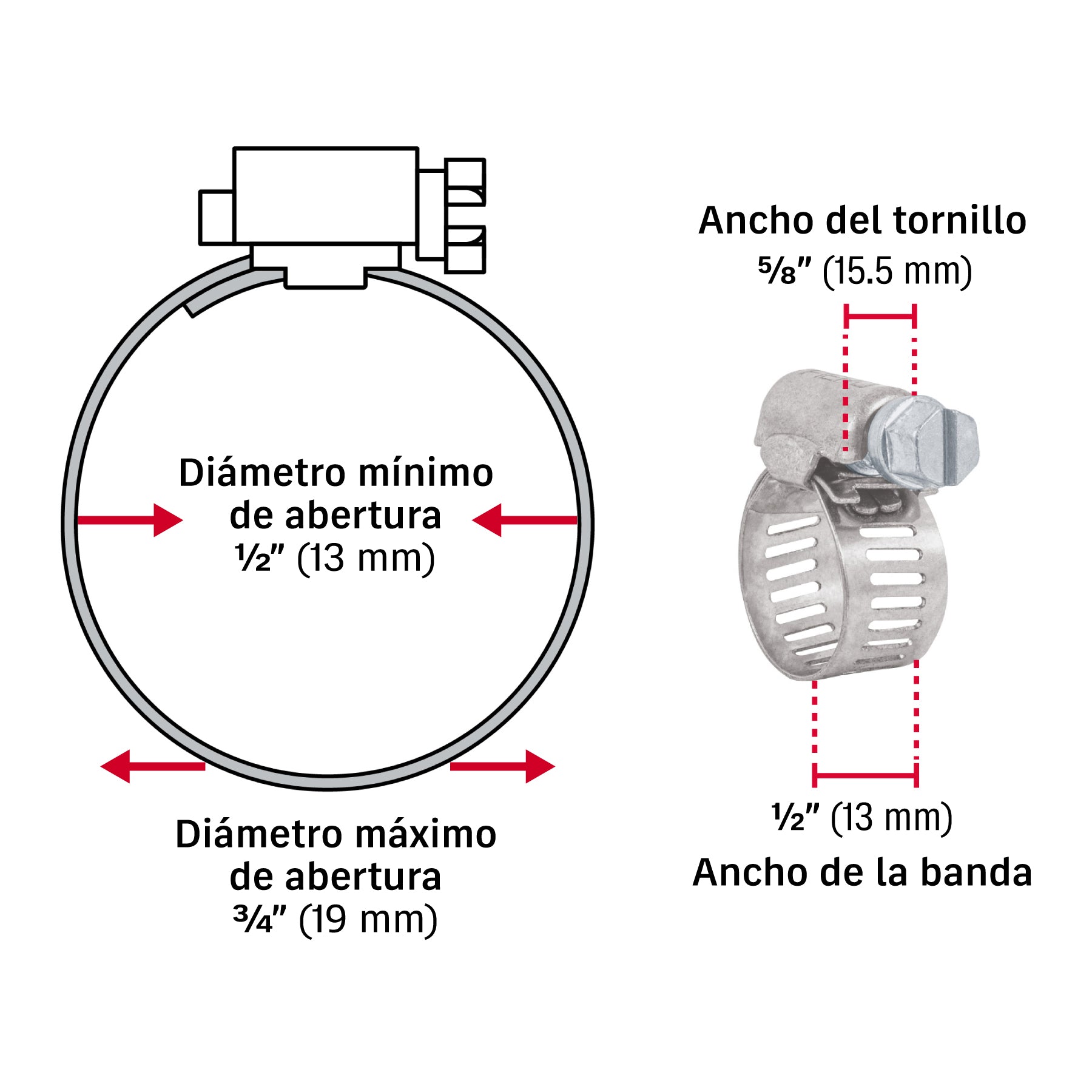 Abrazadera reforzada, # 6, 1/2 - 3/4", bolsa 10 pzas
