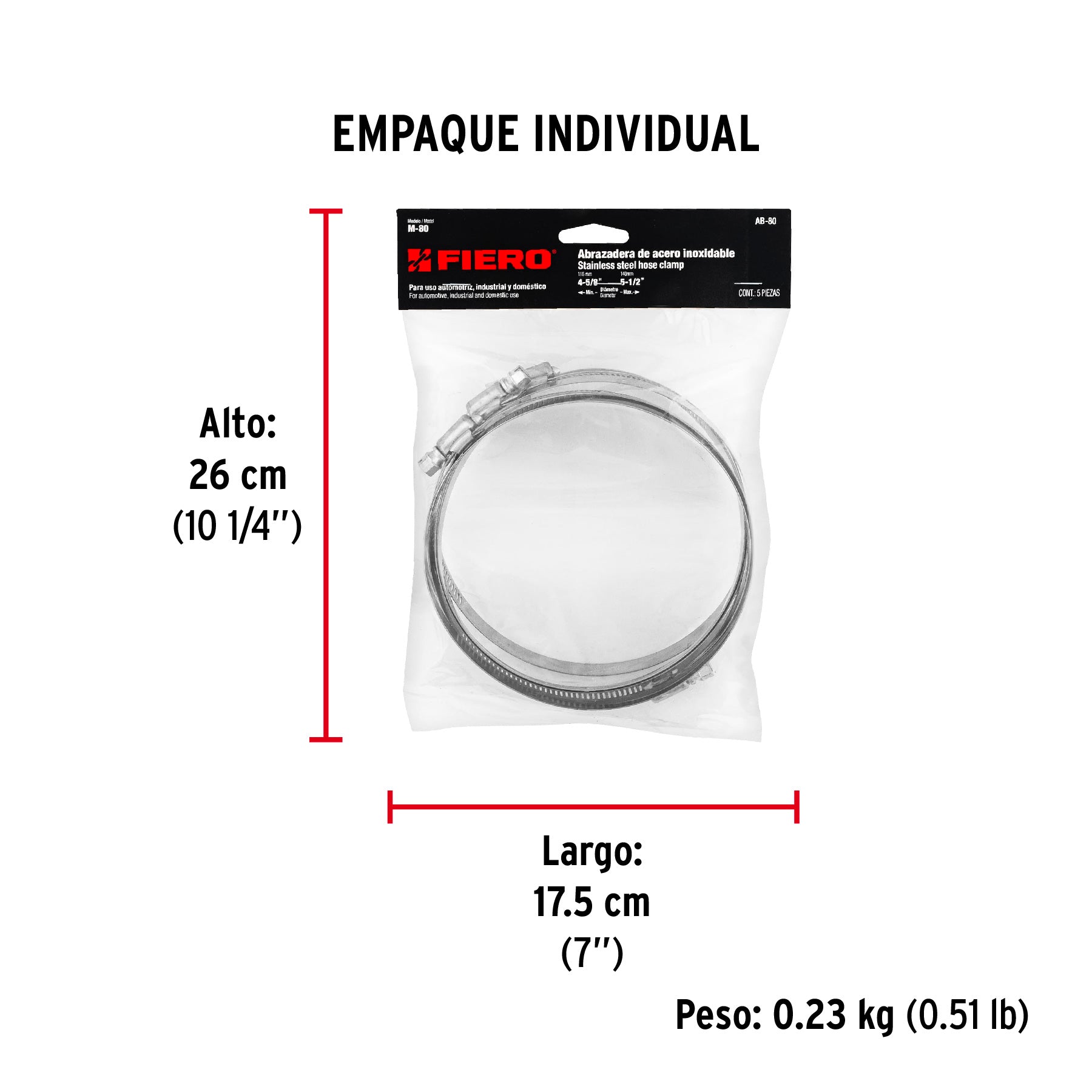 Abrazadera reforzada, # 80, 4-5/8 - 5-1/2", bolsa 5 pzas