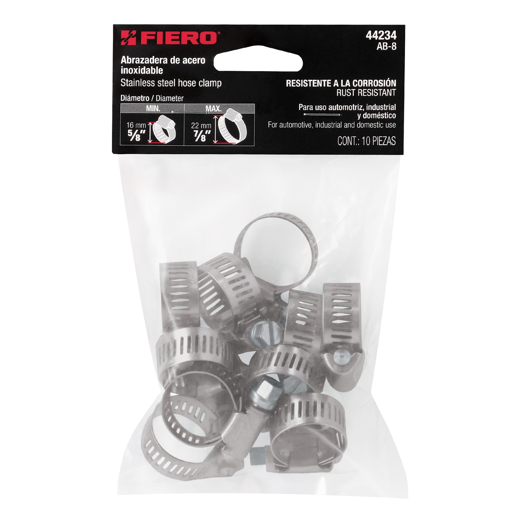 Abrazadera reforzada, # 8, 5/8 - 7/8", bolsa 10 pzas