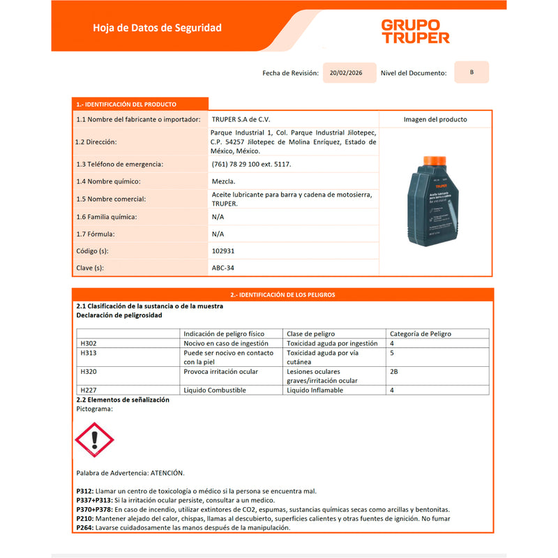 Aceite lubricante para barra y cadena de motosierra, Truper