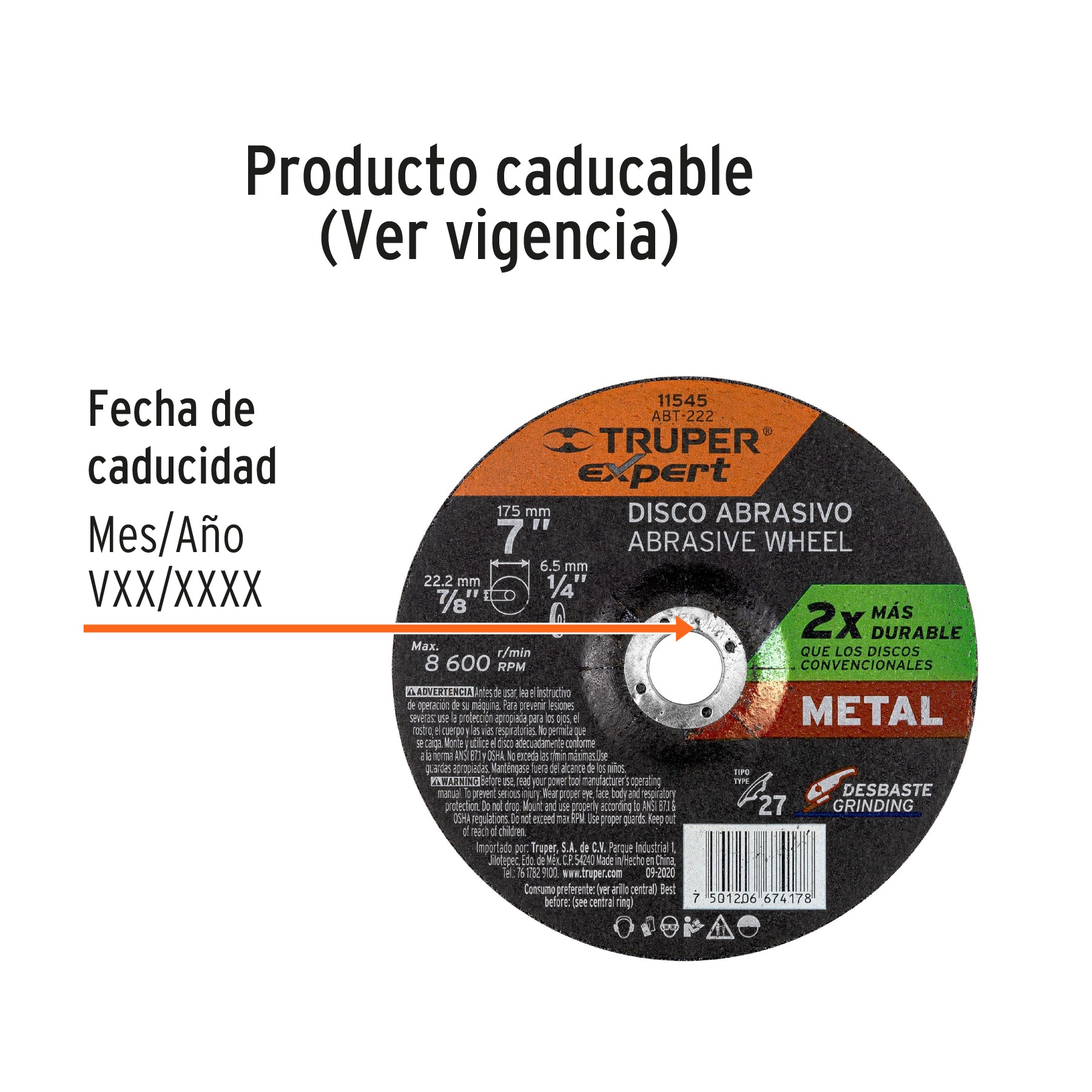 Disco desbaste metal, tipo27,diámetro 7",alto rendimiento