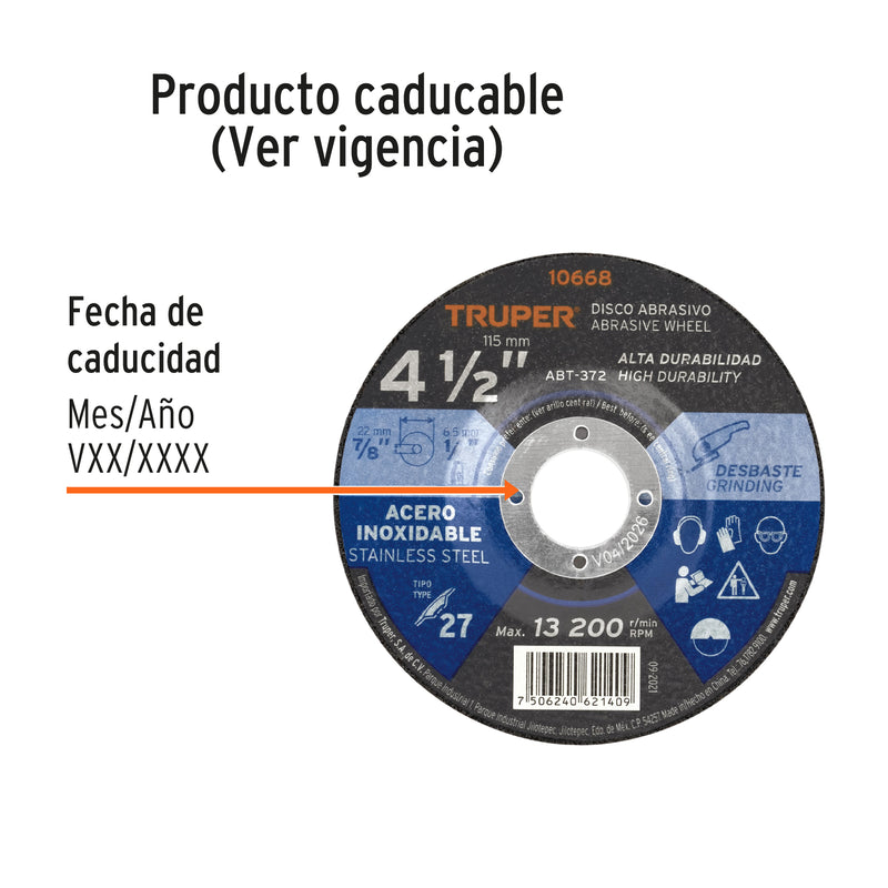 Disco para desbaste de acero inoxidable, tipo 27, 4-1/2"