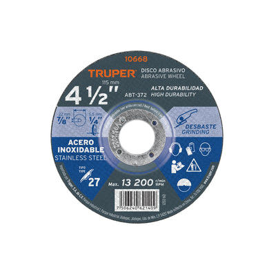 Disco para desbaste de acero inoxidable, tipo 27, 4-1/2"