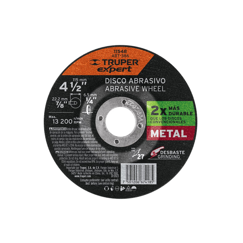 Disco desbaste metal,tipo27,diámetro 4-1/2",alto rendimiento