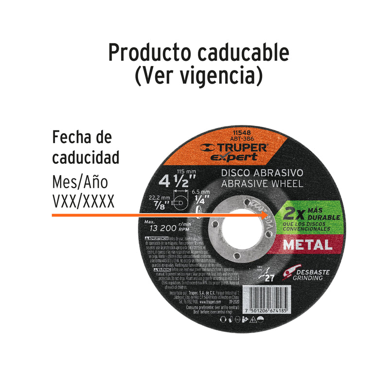 Disco desbaste metal,tipo27,diámetro 4-1/2",alto rendimiento