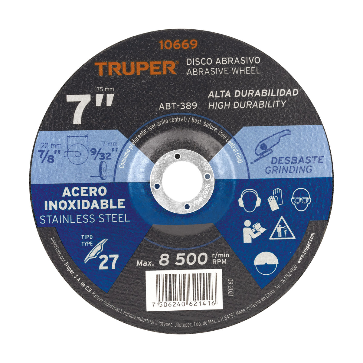 Disco para desbaste de acero inoxidable, tipo 27, 7"