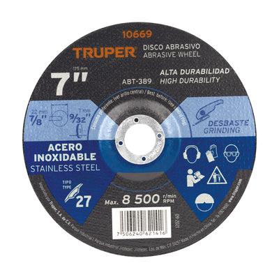 Disco para desbaste de acero inoxidable, tipo 27, 7"