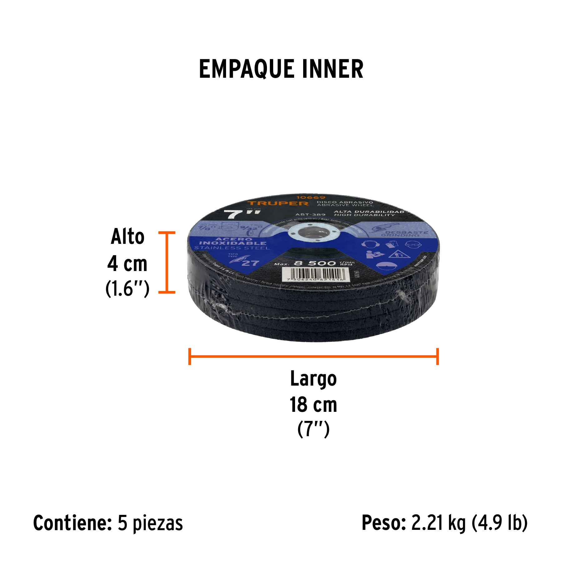 Disco para desbaste de acero inoxidable, tipo 27, 7"