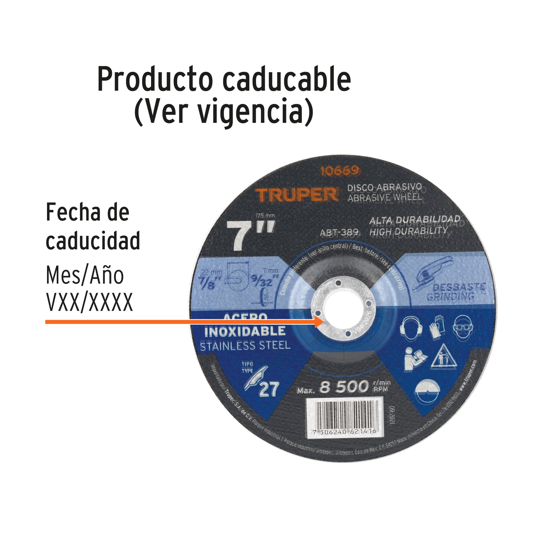 Disco para desbaste de acero inoxidable, tipo 27, 7"