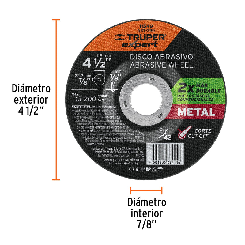Disco corte metal, tipo42, diámetro 4-1/2", alto rendimiento