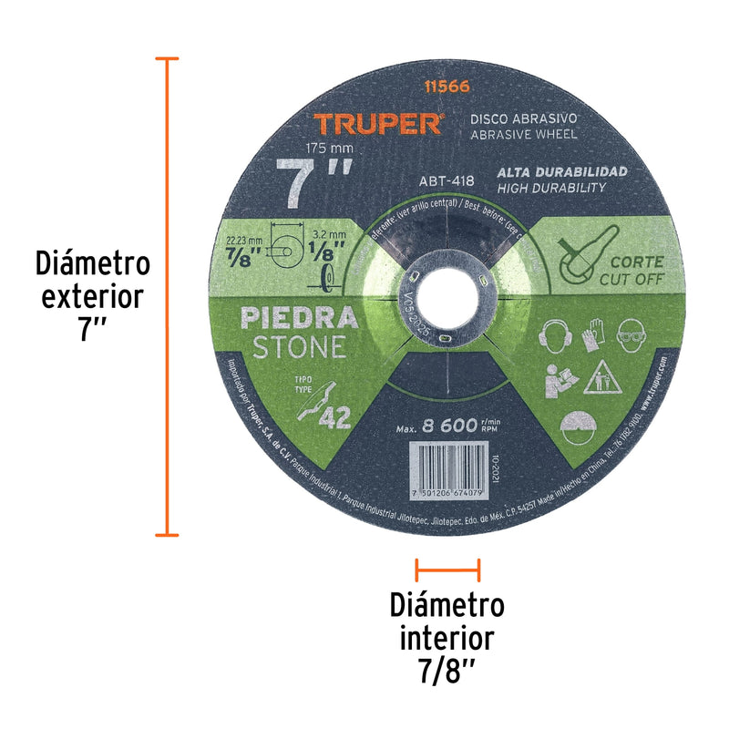 Disco para corte de piedra, tipo 42, diámetro 7"