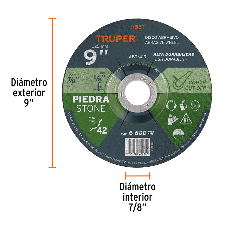 Disco para corte de piedra, tipo 42, diámetro 9"