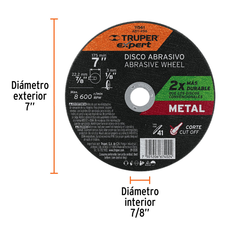 Disco para corte de metal, tipo 41, diámetro 7"