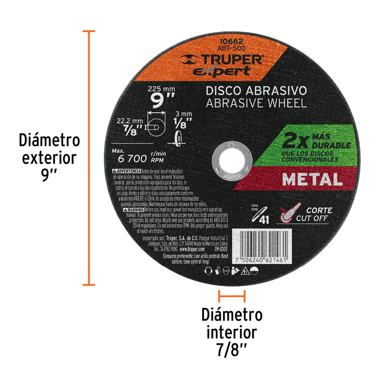 Disco para corte de metal, tipo 41, diámetro 9"