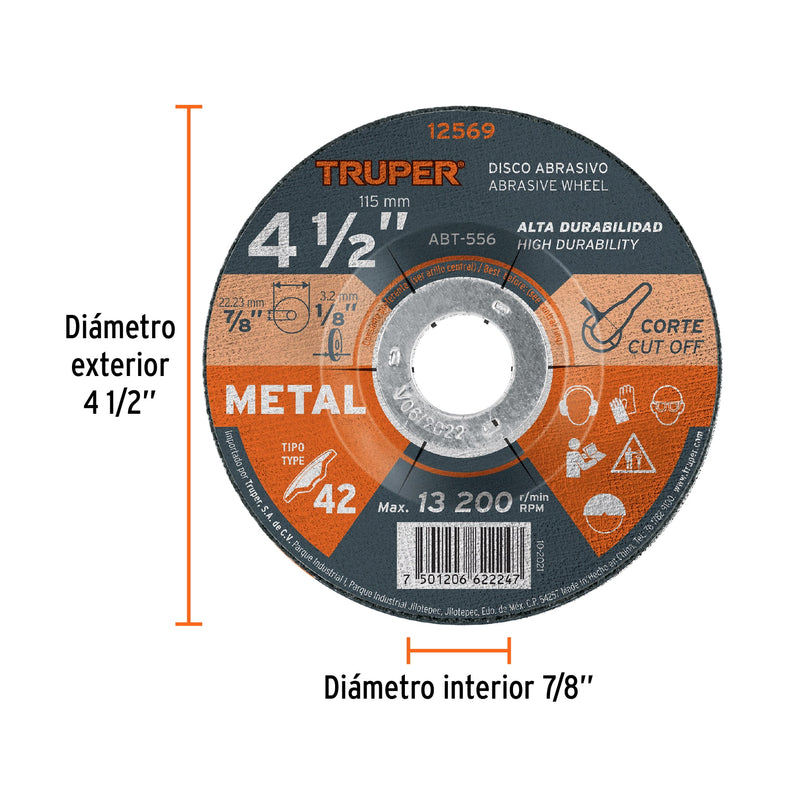 Disco para corte de metal, tipo 42, diámetro 4-1/2"