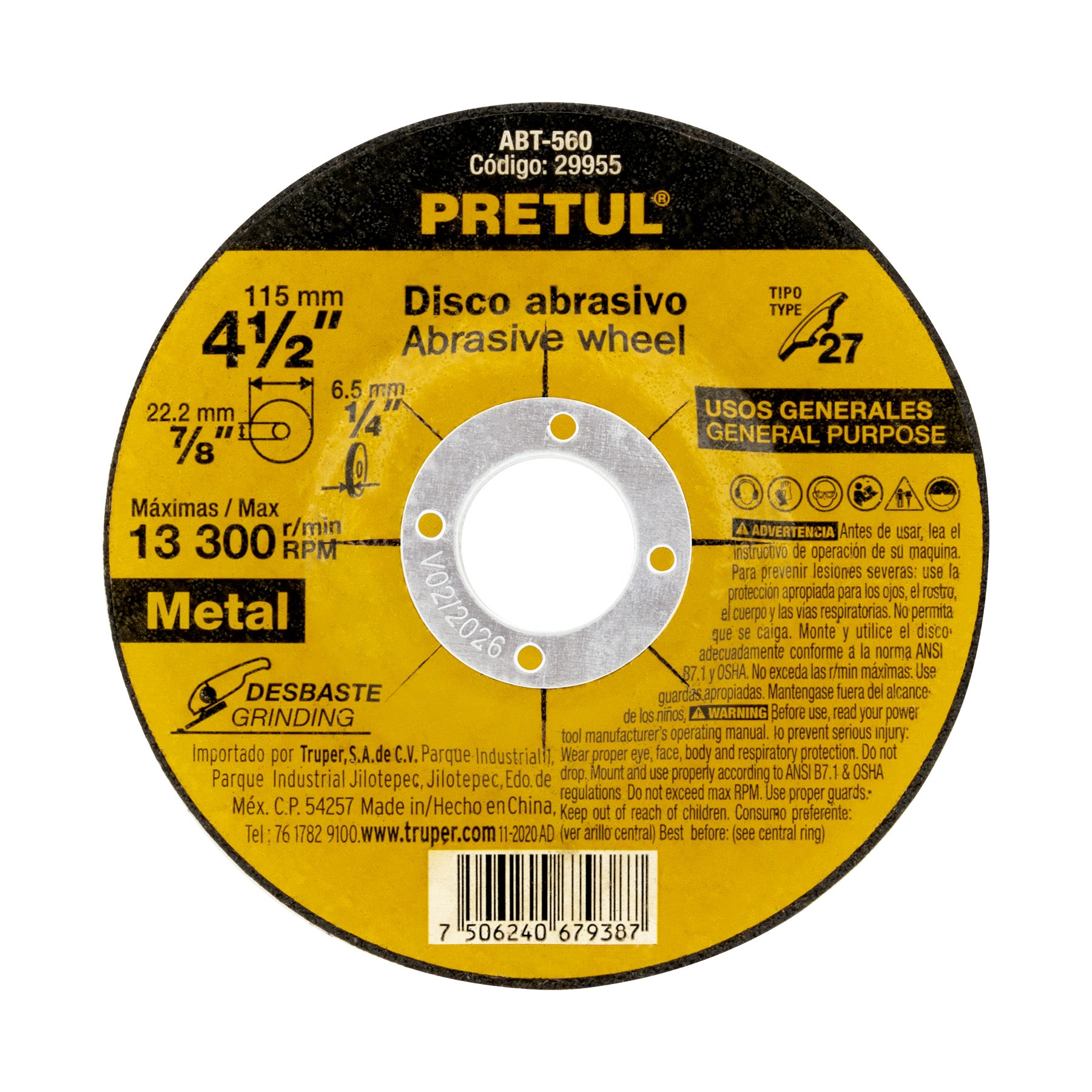 Disco para desbaste de metal,tipo 27,diámetro 4-1/2', Pretul