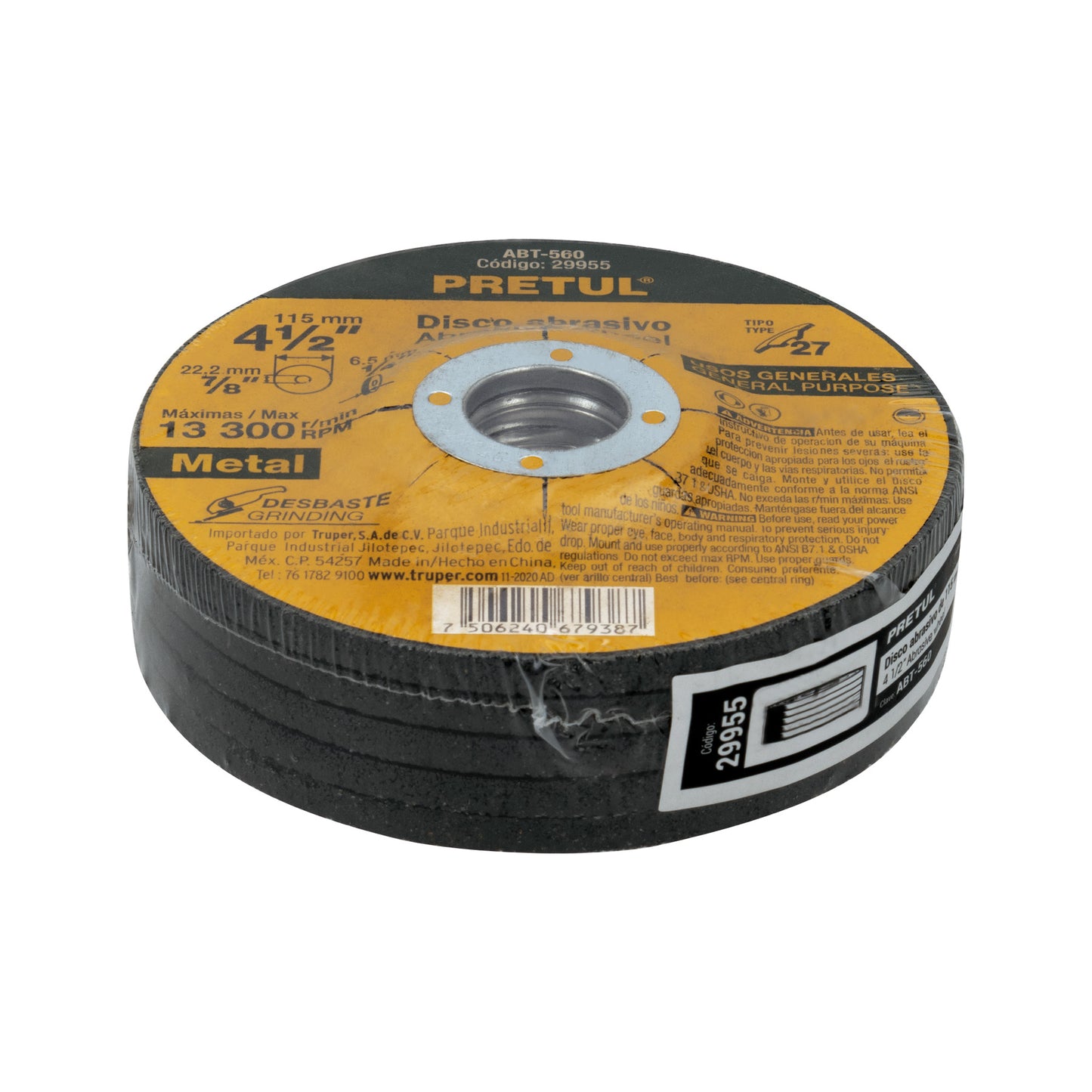 Disco para desbaste de metal,tipo 27,diámetro 4-1/2', Pretul