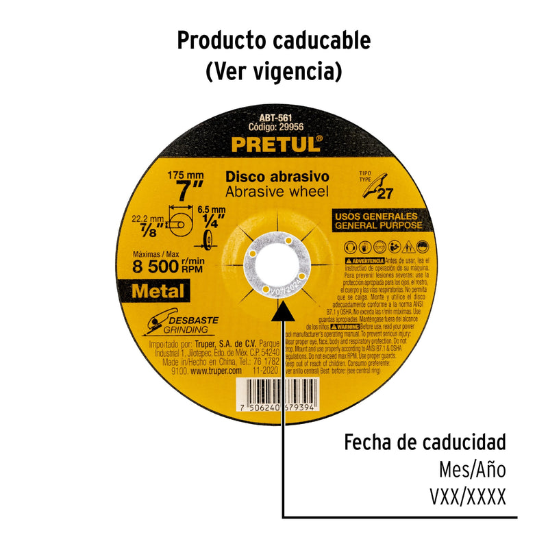 Disco para desbaste de metal, tipo 27, diámetro 7', Pretul