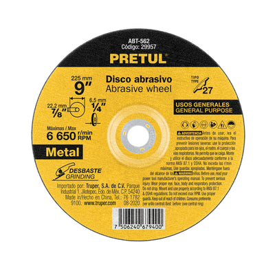 Disco para desbaste de metal, tipo 27, diámetro 9', Pretul