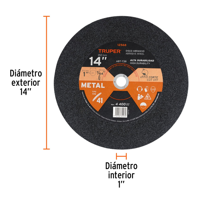 Disco para corte de metal, tipo 41, diámetro 14"..