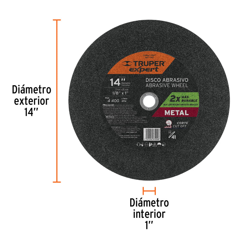 Disco para corte de metal, tipo 41, diámetro 14"