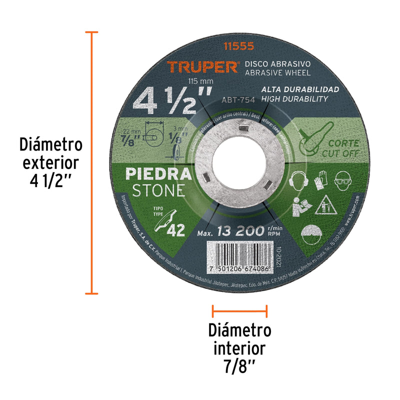 Disco para corte de piedra, tipo 42, diámetro 4-1/2"