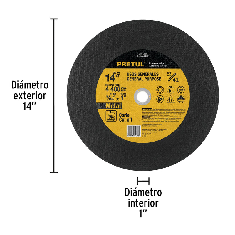 Disco corte metal, Tipo 41, 14" , usos generales, Pretul