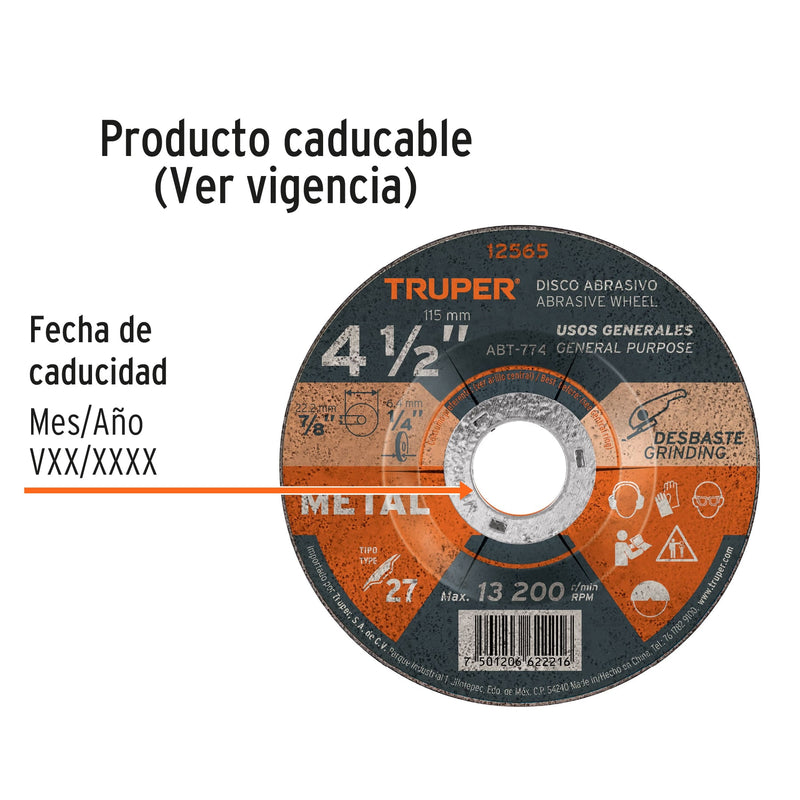 Disco para desbaste de metal, tipo 27, diámetro 4-1/2"