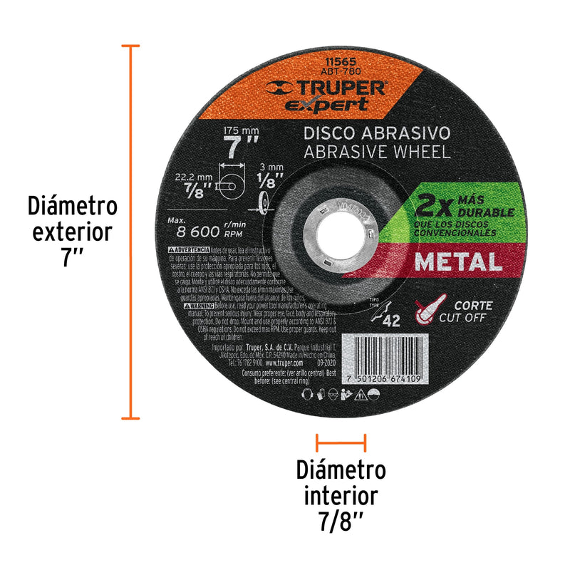 Disco p/corte metale, tipo42, diámetro 7", alto rendimiento