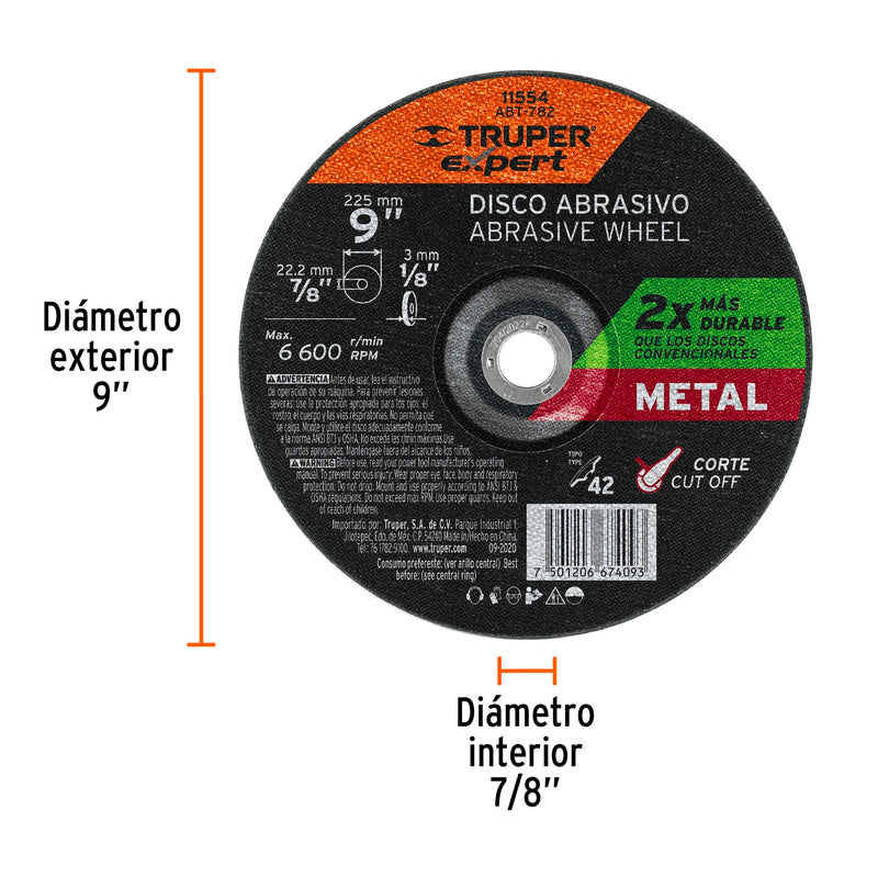 Disco p/corte metale, tipo42, diámetro 9", alto rendimiento