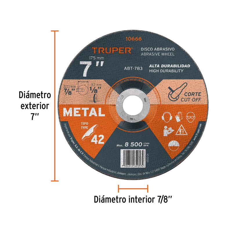 Disco para corte de metal, tipo 42, diámetro 7"