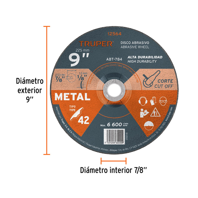 Disco para corte de metal, tipo 42, diámetro 9"