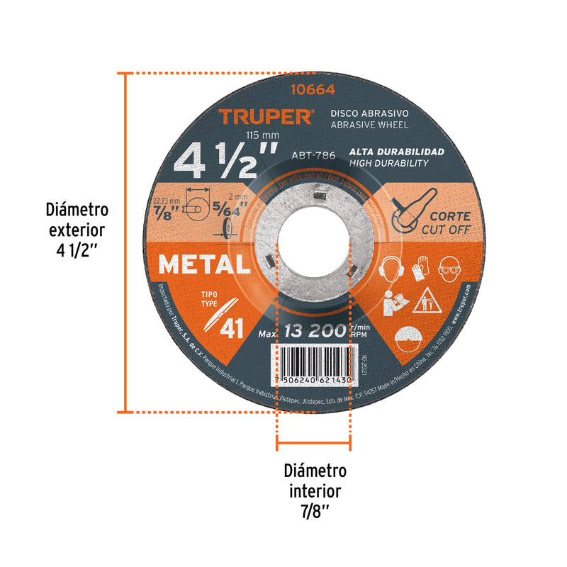 Disco para corte de metal, tipo 41, diámetro 4-1/2"