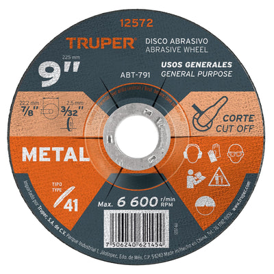 Disco p/corte de metal, tipo 41, diámetro 9", usos generales