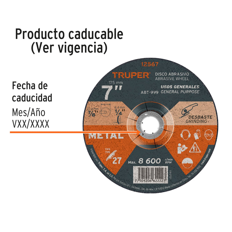 Disco para desbaste de metal, tipo 27, diámetro 7", 1/4"