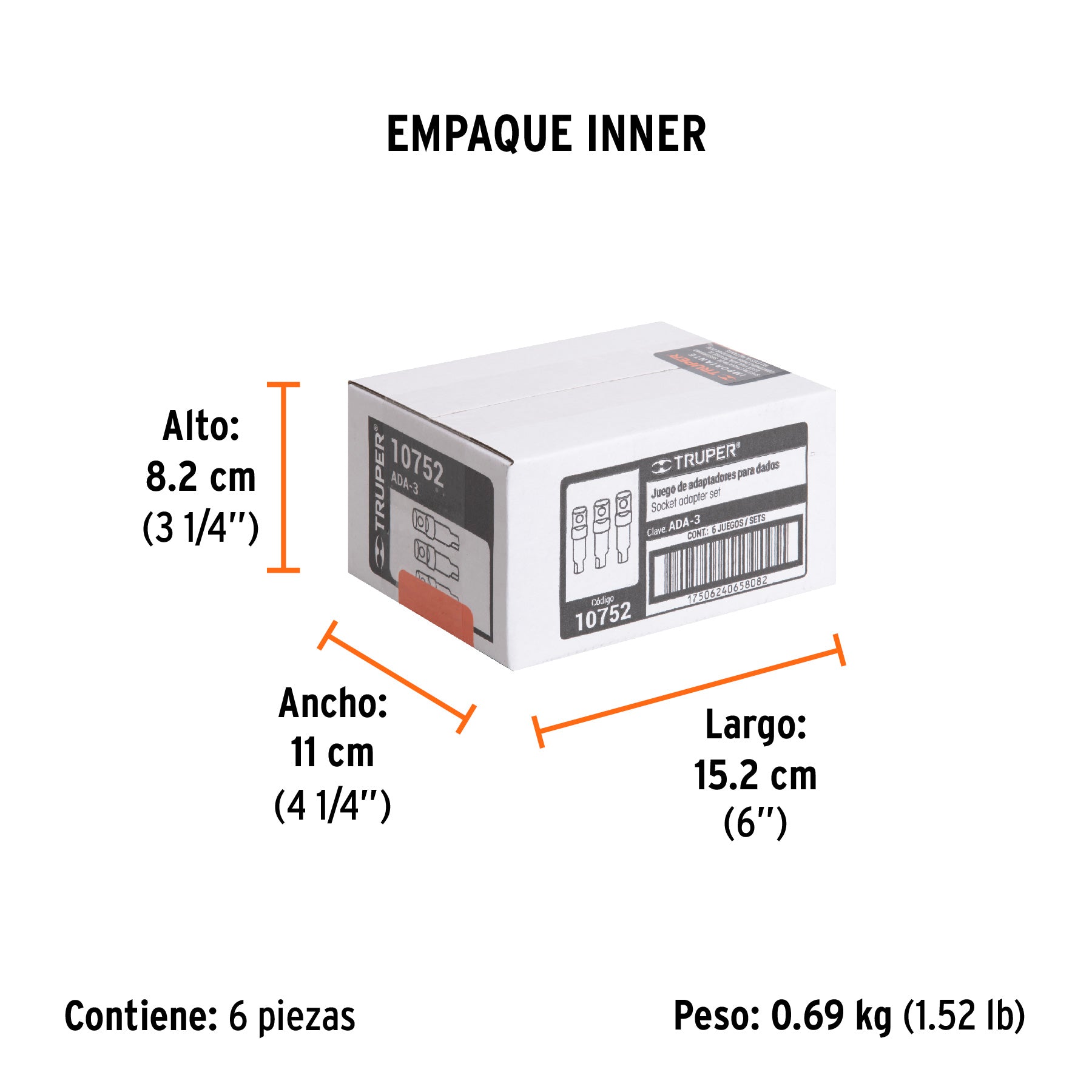 Juego de adaptadores para dados, 1/4", 3/8" y 1/2", 3 piezas