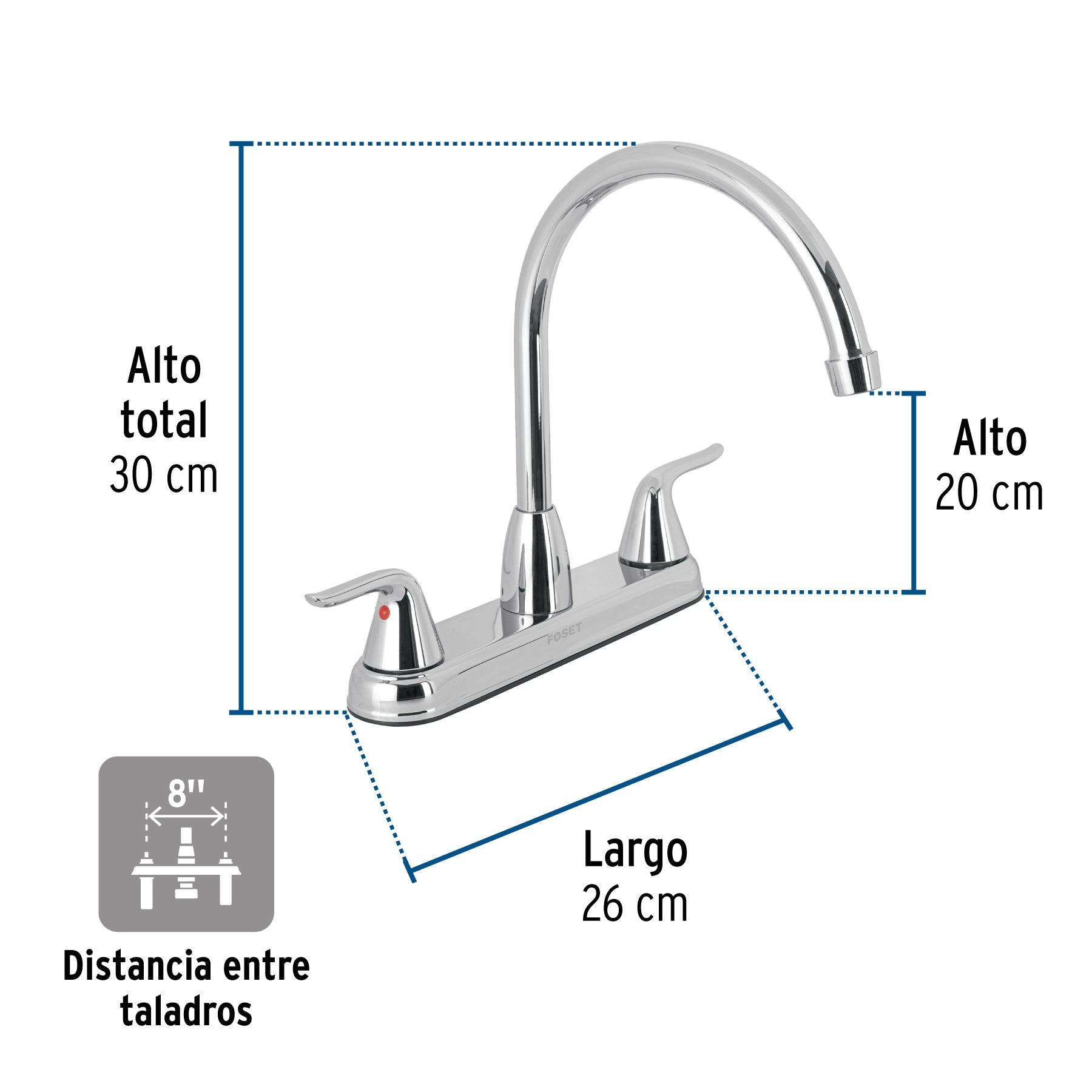Mezcladora fregadero 8' cromo, c. largo, palanca, FOSET AERO