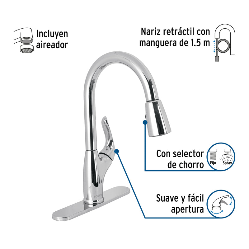 Monomando nariz retráctil para fregadero, cromo, FOSET AERO