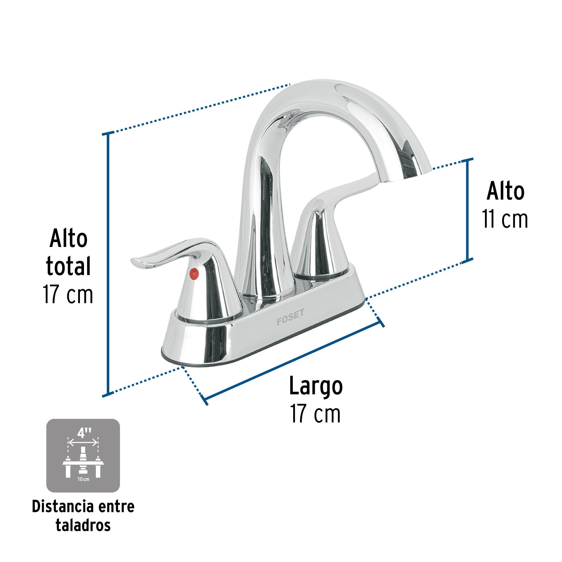 Mezcladora lavabo 4' cromo, cuello alto, palanca, FOSET AERO