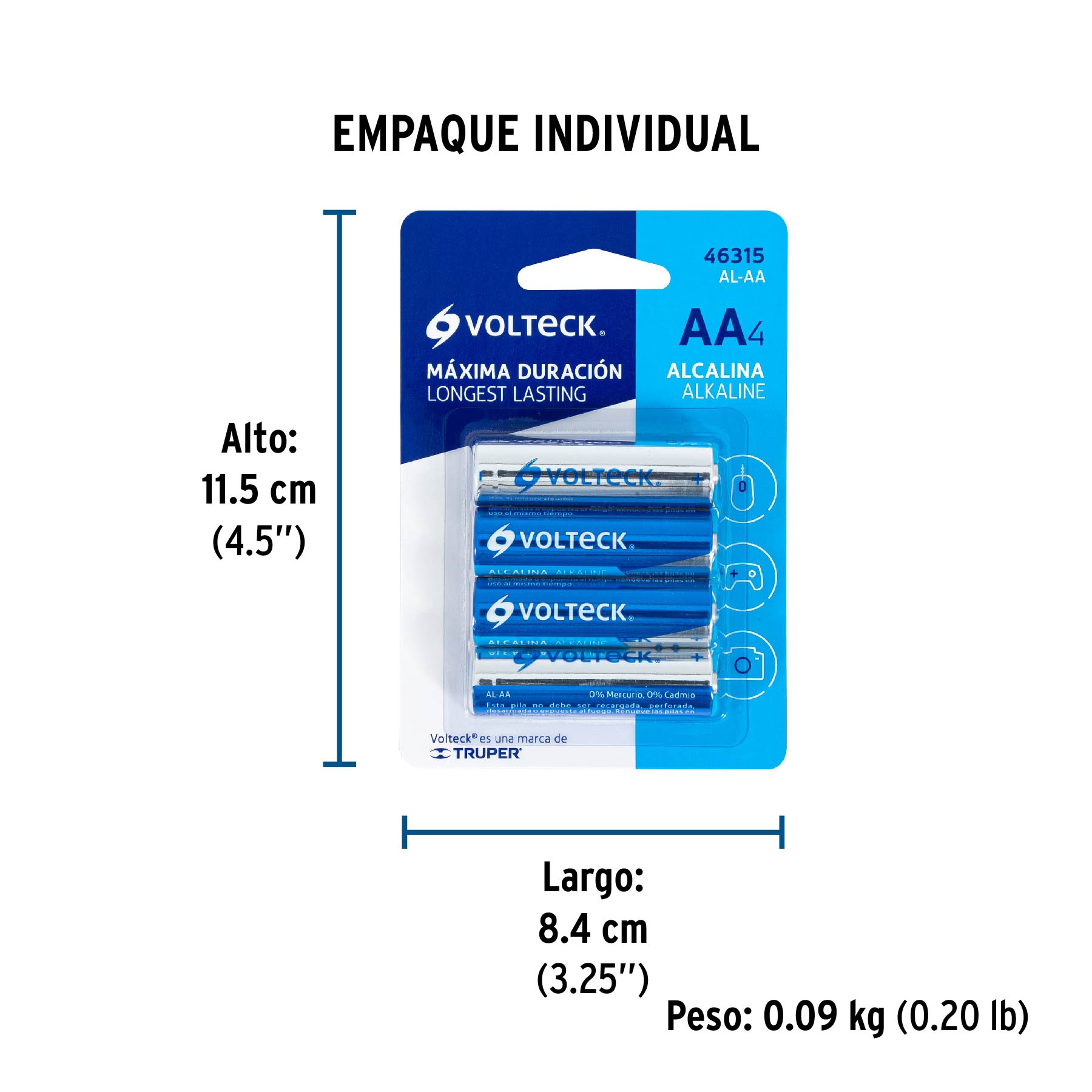 Pila alcalina tamaño AA, blister con 4 pzas, Volteck