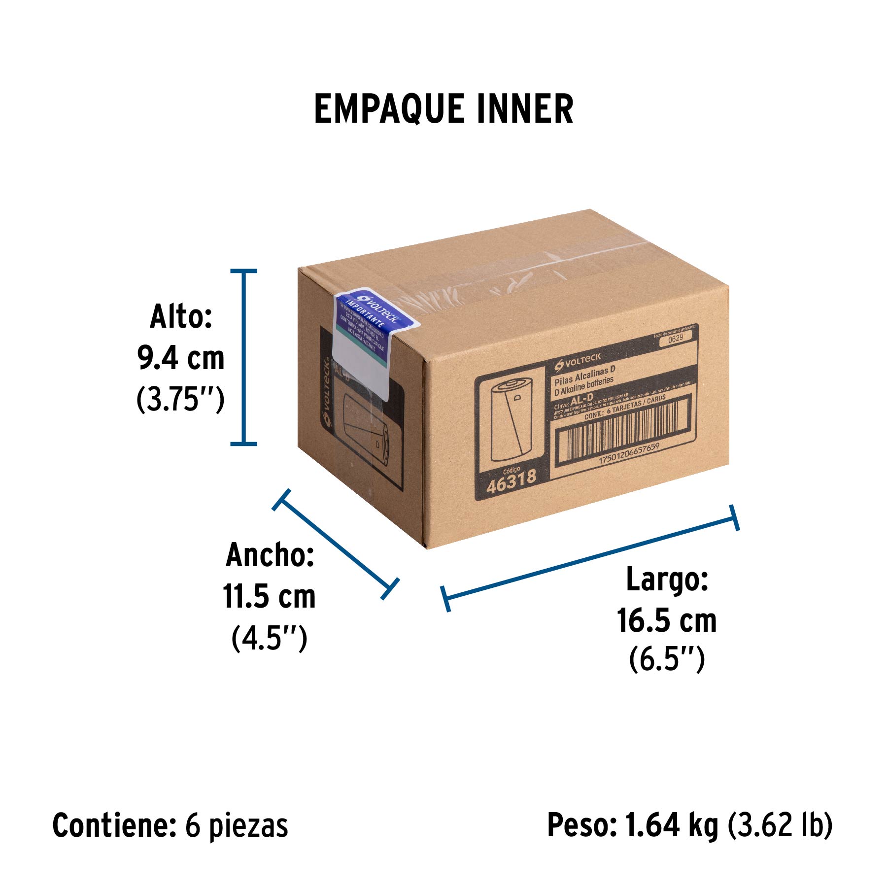 Pila alcalina tamaño D, blister con 2 pzas, Volteck