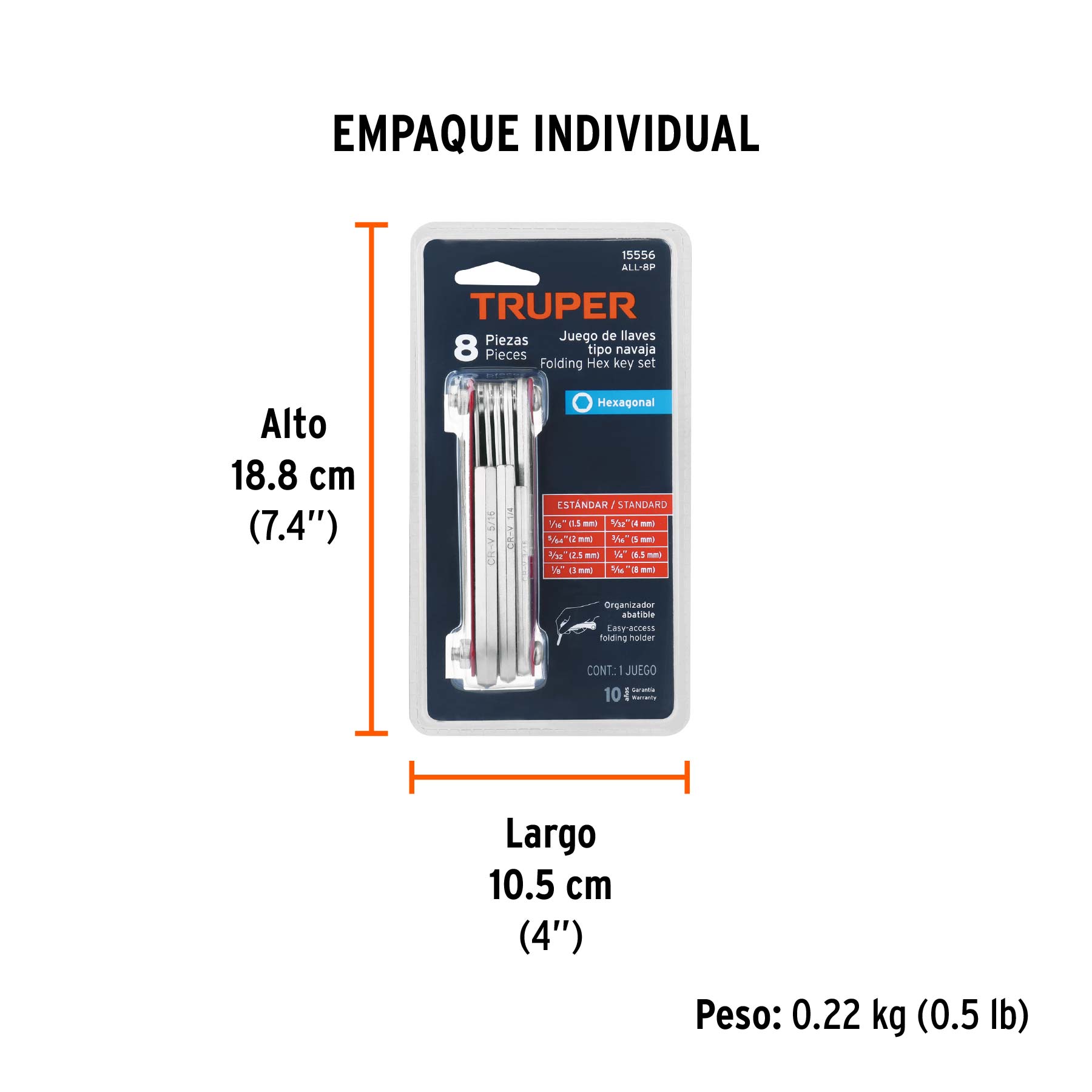 Juego 8 llaves Allen standard tipo navaja, cuerpo de lámina