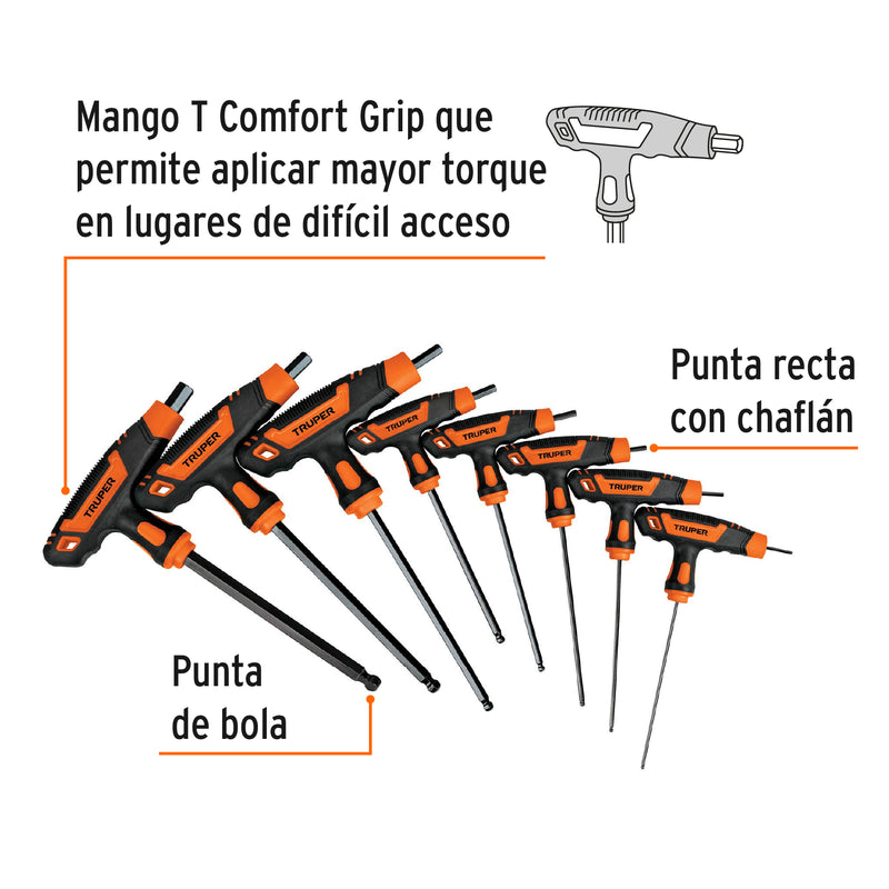 Juego de 8 llaves allen mango T, punta de bola,2 a 10 mm