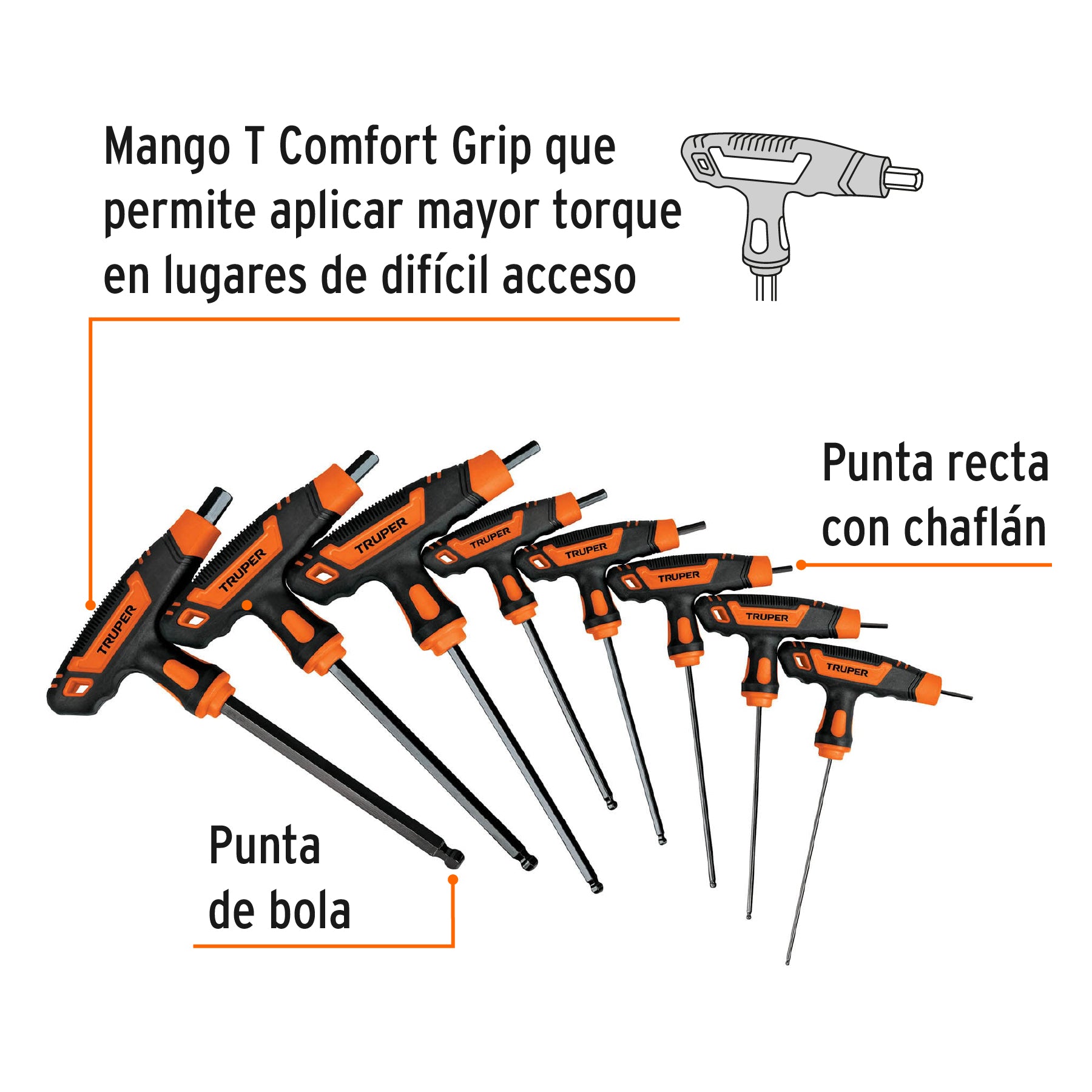 Juego de 8 llaves allen mango T, punta de bola, 5/64' a 3/8'