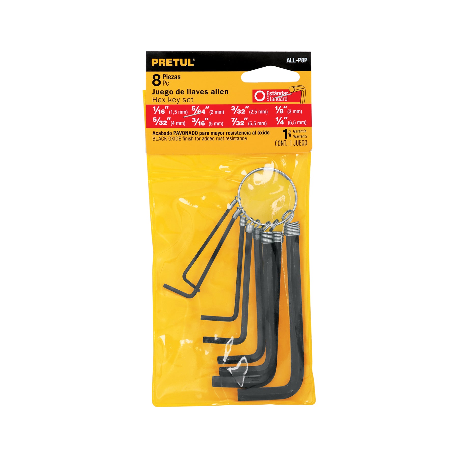 Juego de 8 llaves Allen tipo llavero, standard, Pretul