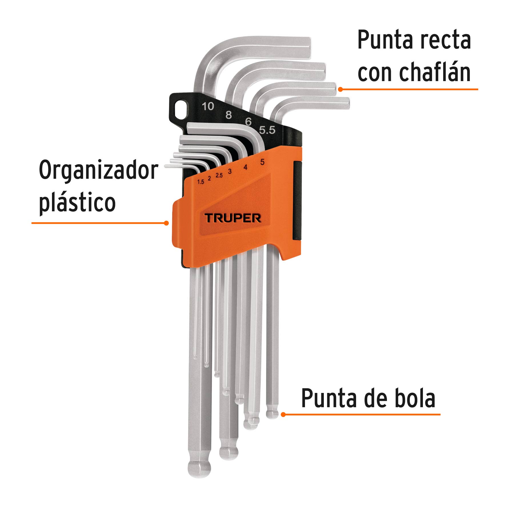 Juego de 10 llaves allen, punta bola, largas, milimétricas