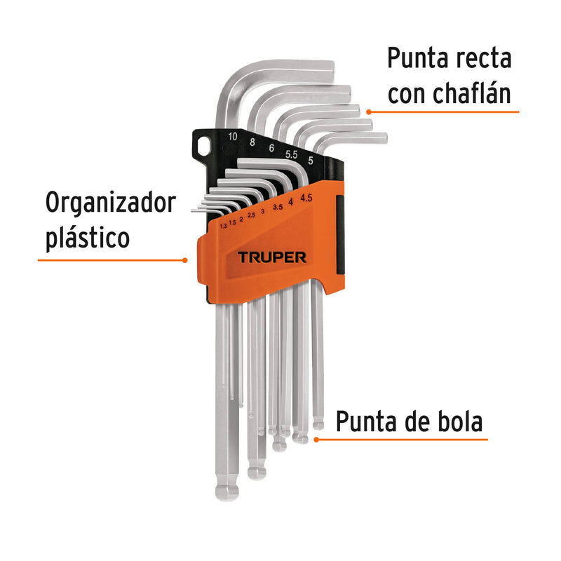 Juego de 13 llaves allen, punta bola, largas, milimétricas
