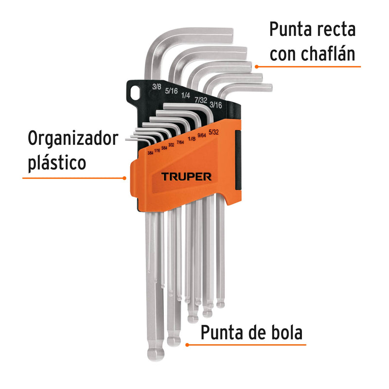 Juego de 13 llaves allen, punta bola, largas, standard